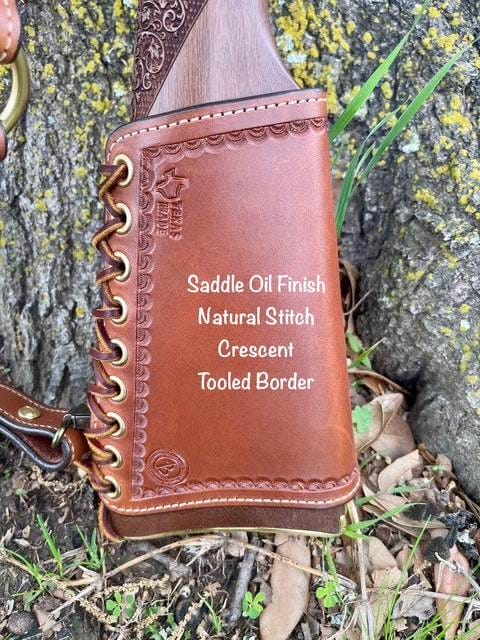 *Ammo Depot* RH Leather Butt-Cover w/Ammo Loops Henry Side Gate, Henry Big Boy Brass Rifles .44 Mag Saddle Oil Finish w/Natural Stitch & Hand Tooled Crescent Border