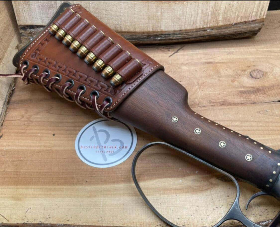 *Made to Order* Leather Tooled Butt-Cover w/Ammo Loops Lever-Action Rifles Winchester, Marlin, Henry, Rossi-Busted B Leather