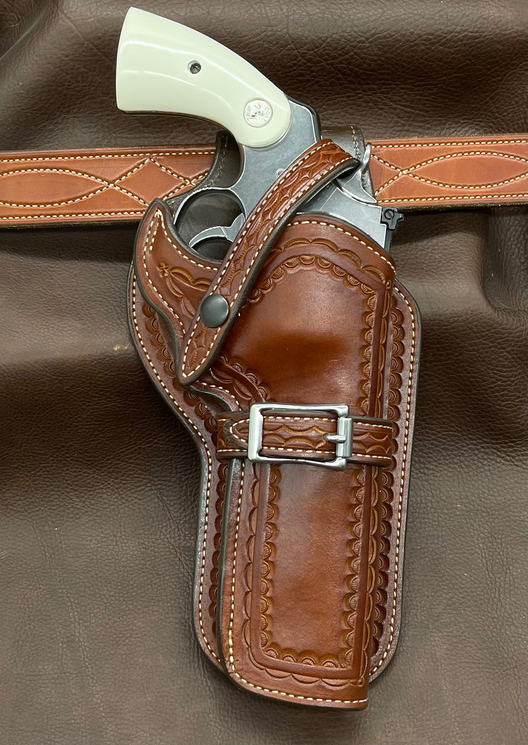 *Made to Order* LH/RH High Noon Western Holster for Large Double Action Revolvers w/Old West Tooled Border-Busted B Leather