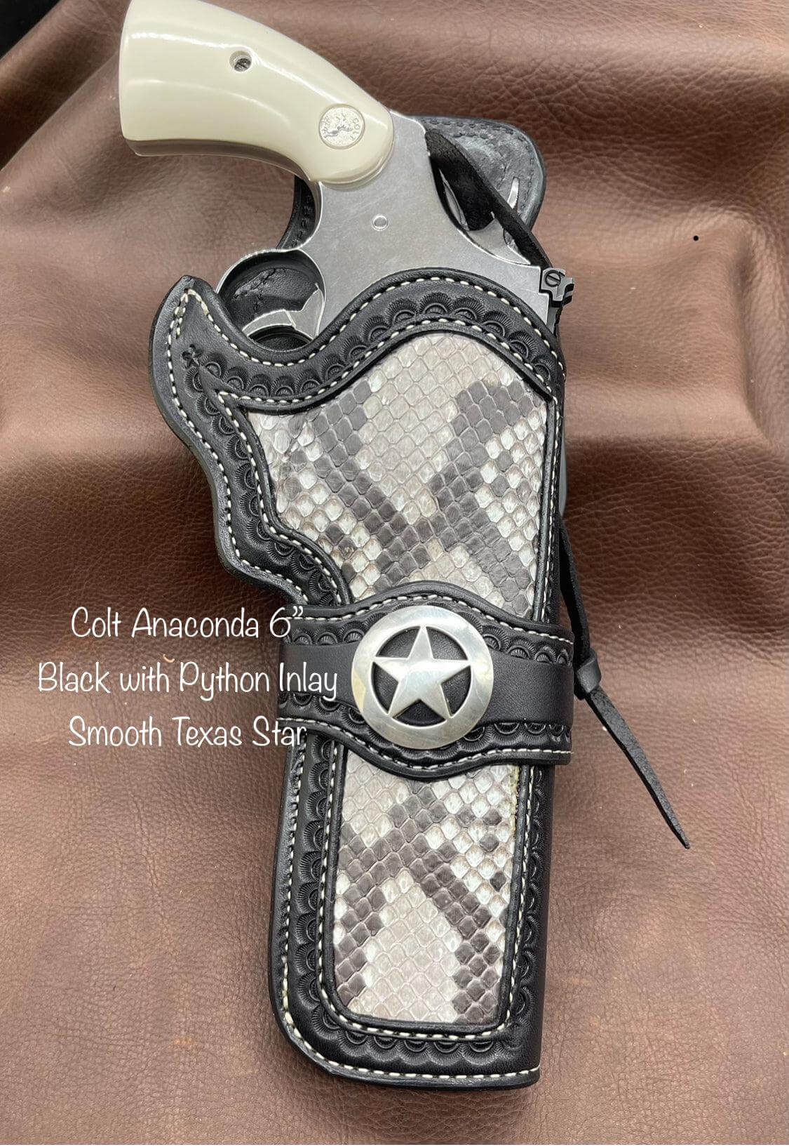 *Made to Order* LH/RH Paddle Rancher Cowboy Holster for Double Action Revolvers w/ Rattlesnake or Python Inlay & Texas Star Concho-Busted B Leather