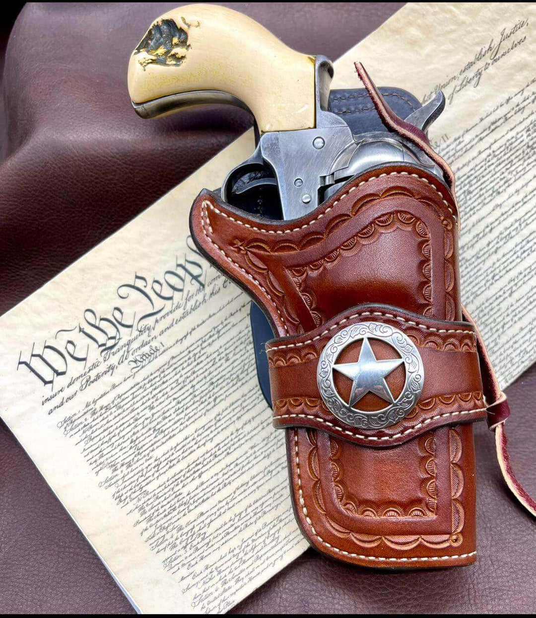 *Made to Order* LH/RH Paddle Rancher Cowboy Holster for Single Action Revolvers Old West Tooled Border/Texas Star Concho-Busted B Leather