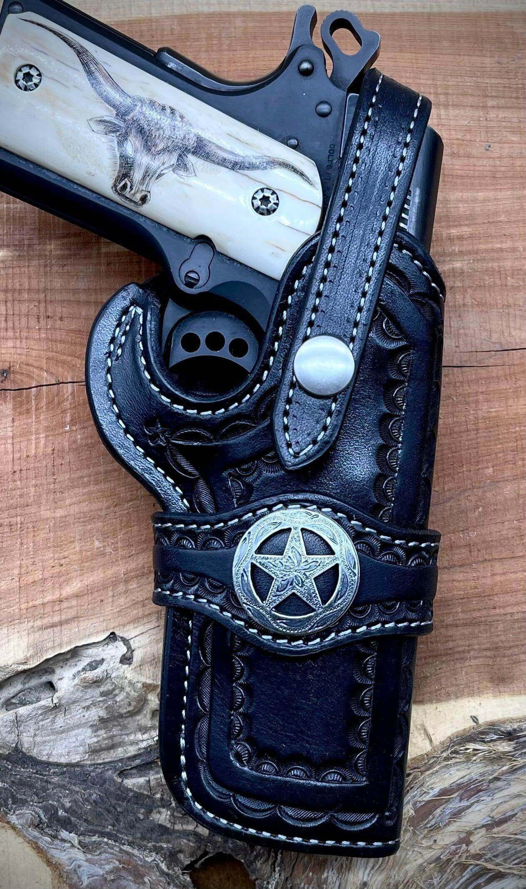 *Made to Order* LH/RH Rancher Cowboy Holster for 1911 Old West Tooled Border and Concho-Busted B Leather