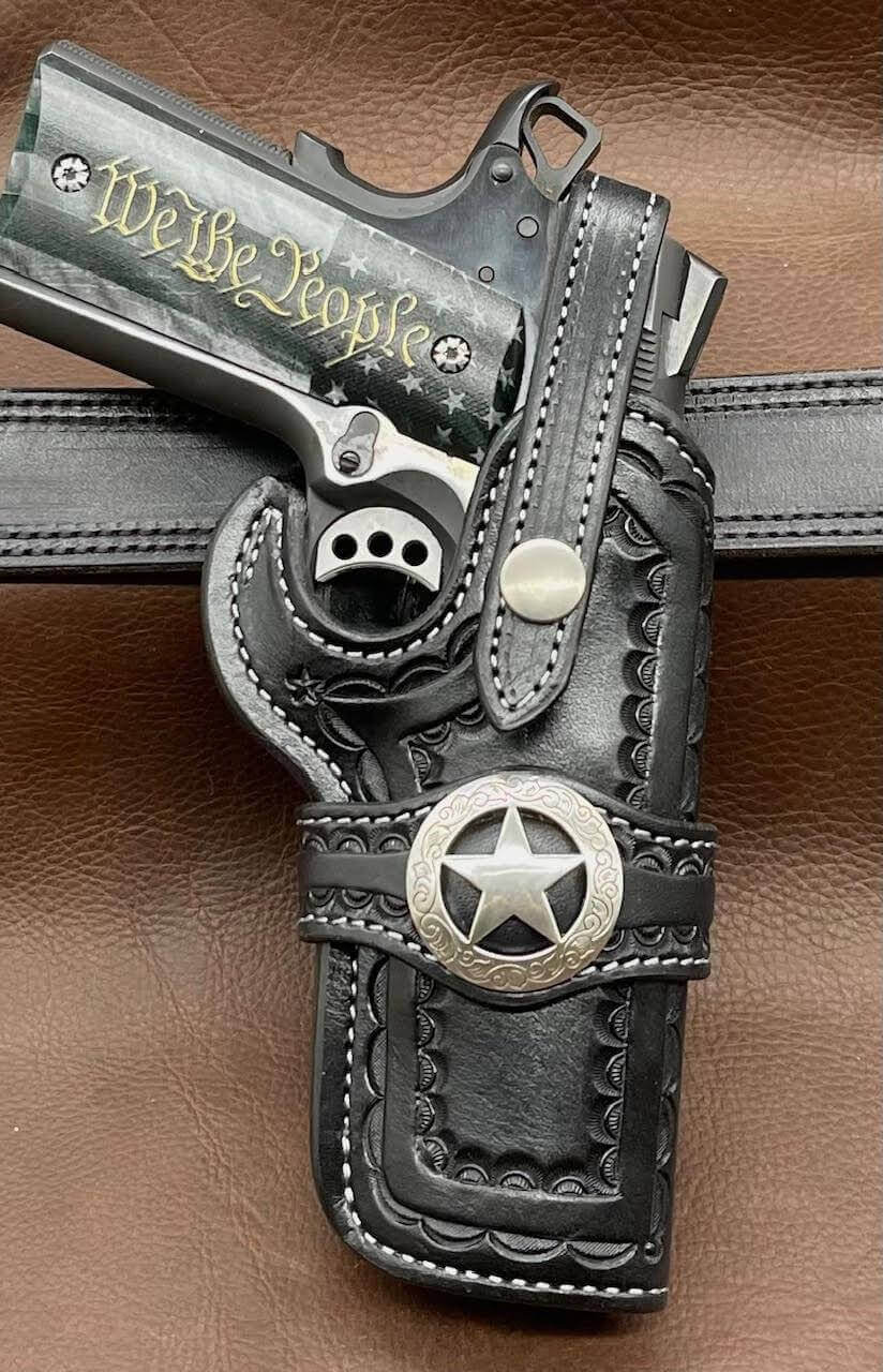 *Made to Order* LH/RH Rancher Cowboy Holster for 1911 Old West Tooled Border and Concho-Busted B Leather