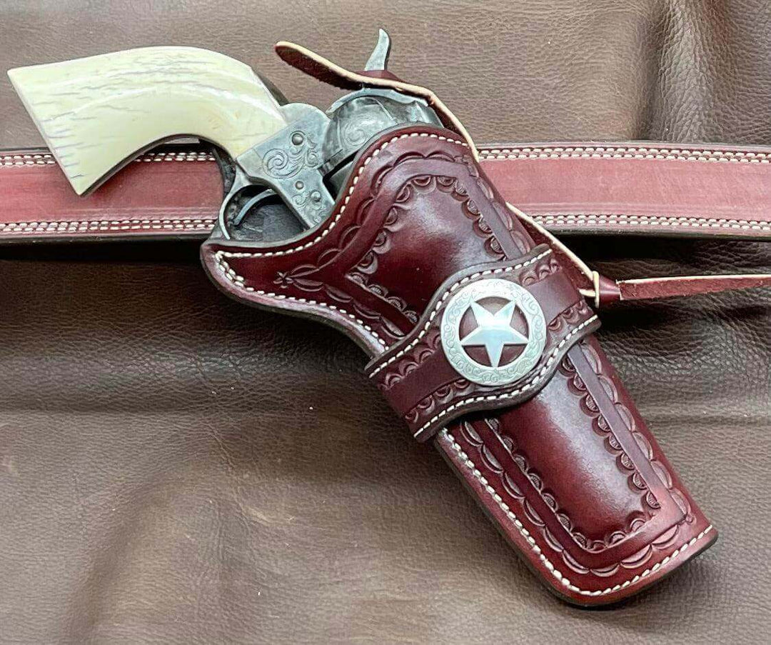 *Made to Order* LH/RH Rancher Cowboy Holster for Single Action Revolvers Old West Tooled Border/Texas Star Concho-Busted B Leather
