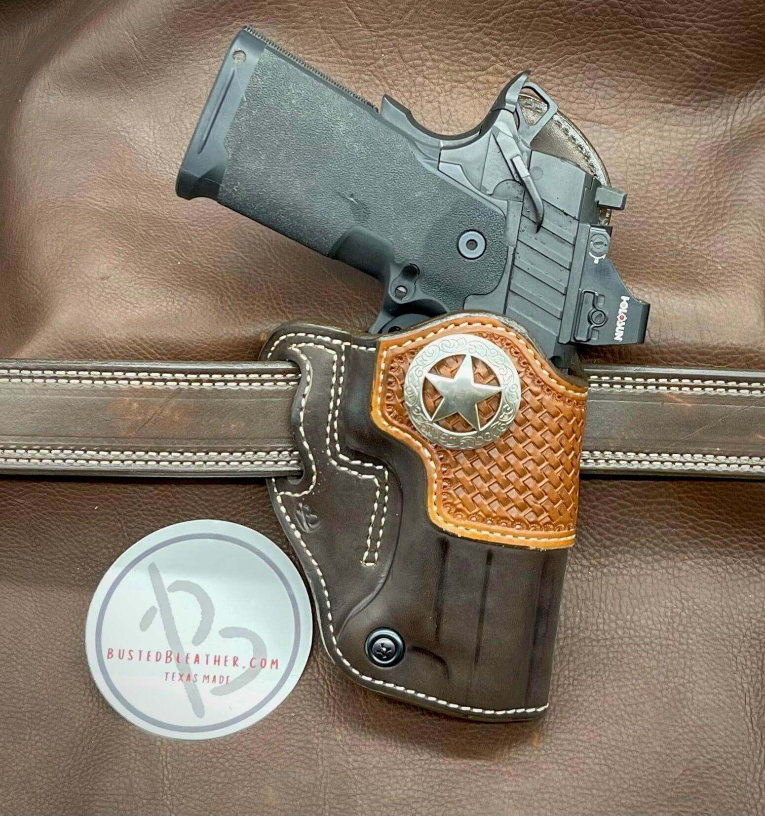 *Made to Order* LH/RH Raptor Holster Made for Your Gun w/Saddle Oil Basket Weave Reinforcement Trim & Texas Star Concho-Busted B Leather