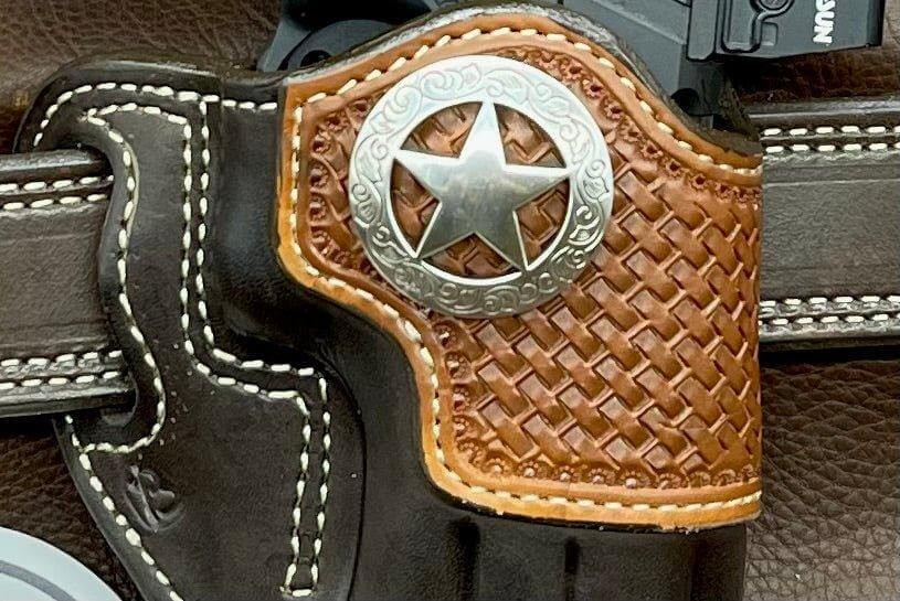 *Made to Order* LH/RH Raptor Holster Made for Your Gun w/Saddle Oil Basket Weave Reinforcement Trim & Texas Star Concho-Busted B Leather