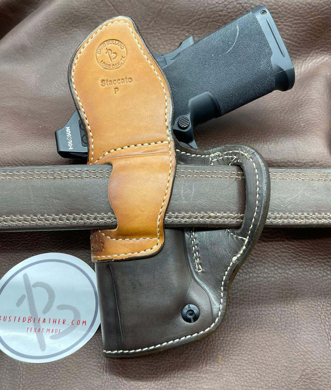 *Made to Order* LH/RH Raptor Holster Made for Your Gun w/Saddle Oil Basket Weave Reinforcement Trim & Texas Star Concho-Busted B Leather