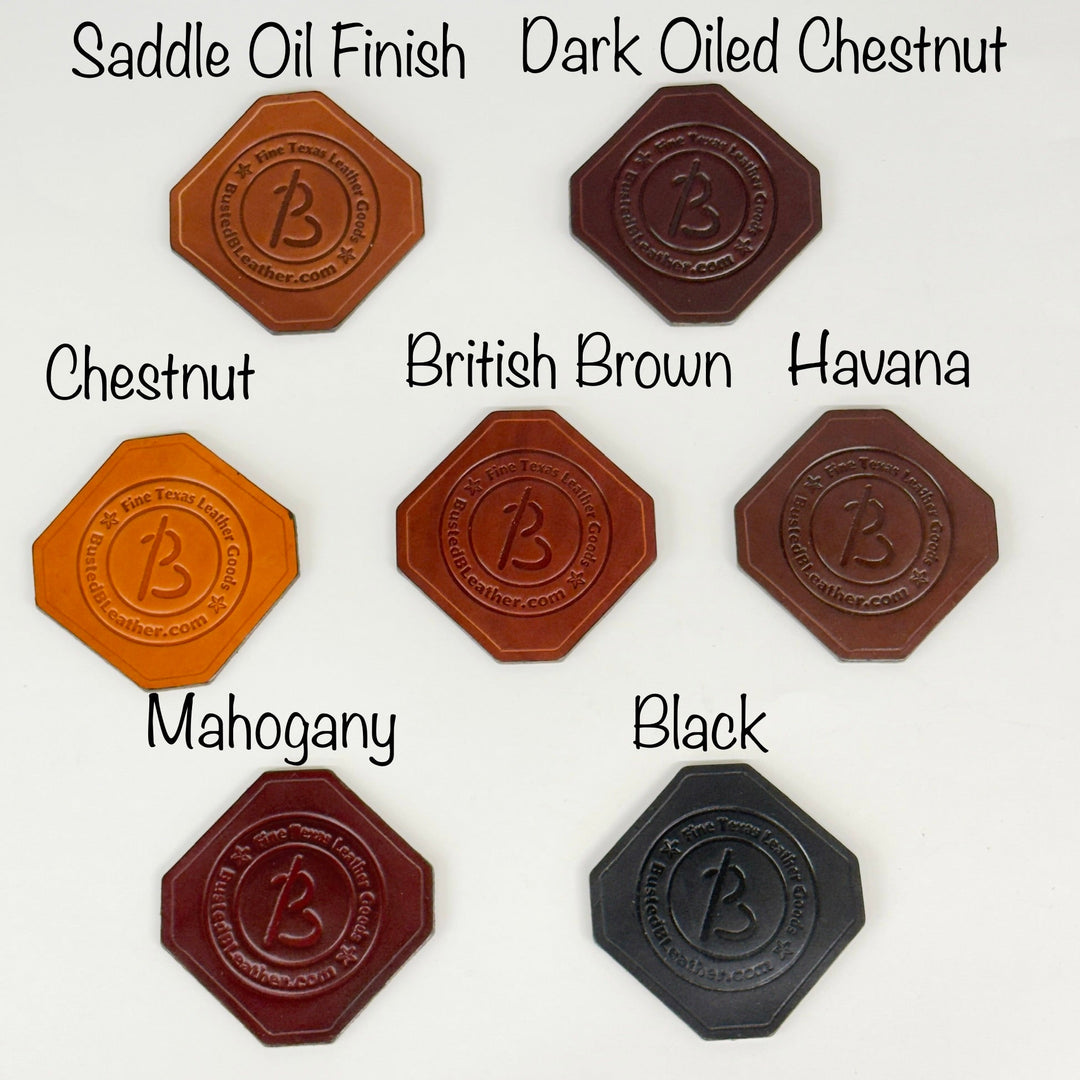 Collection of leather finish samples labeled with color names on a white background