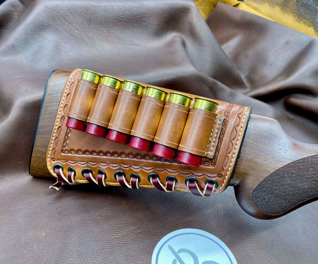 *Made to Order* Tooled Leather Butt-Cover w/12 Gauge Loops for Coach Gun Double Barrel-Busted B Leather