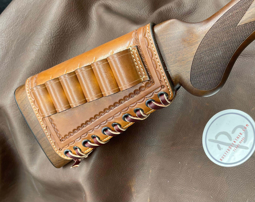 *Made to Order* Tooled Leather Butt-Cover w/12 Gauge Loops for Coach Gun Double Barrel-Busted B Leather