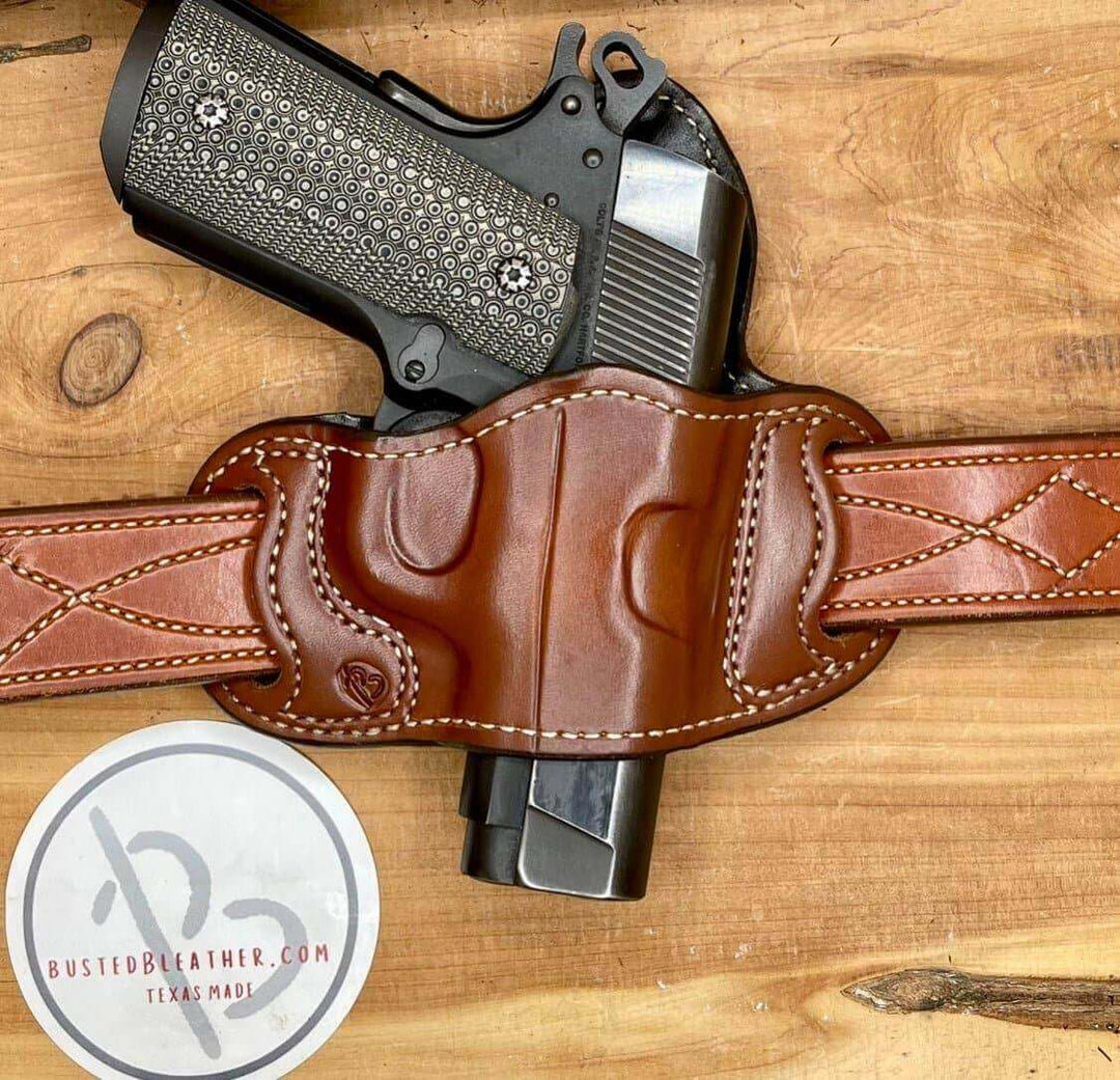 *In Stock* RH Belt Slide 1911 Holster in Saddle Oil Finish w/Natural Stitching - Busted B Leather