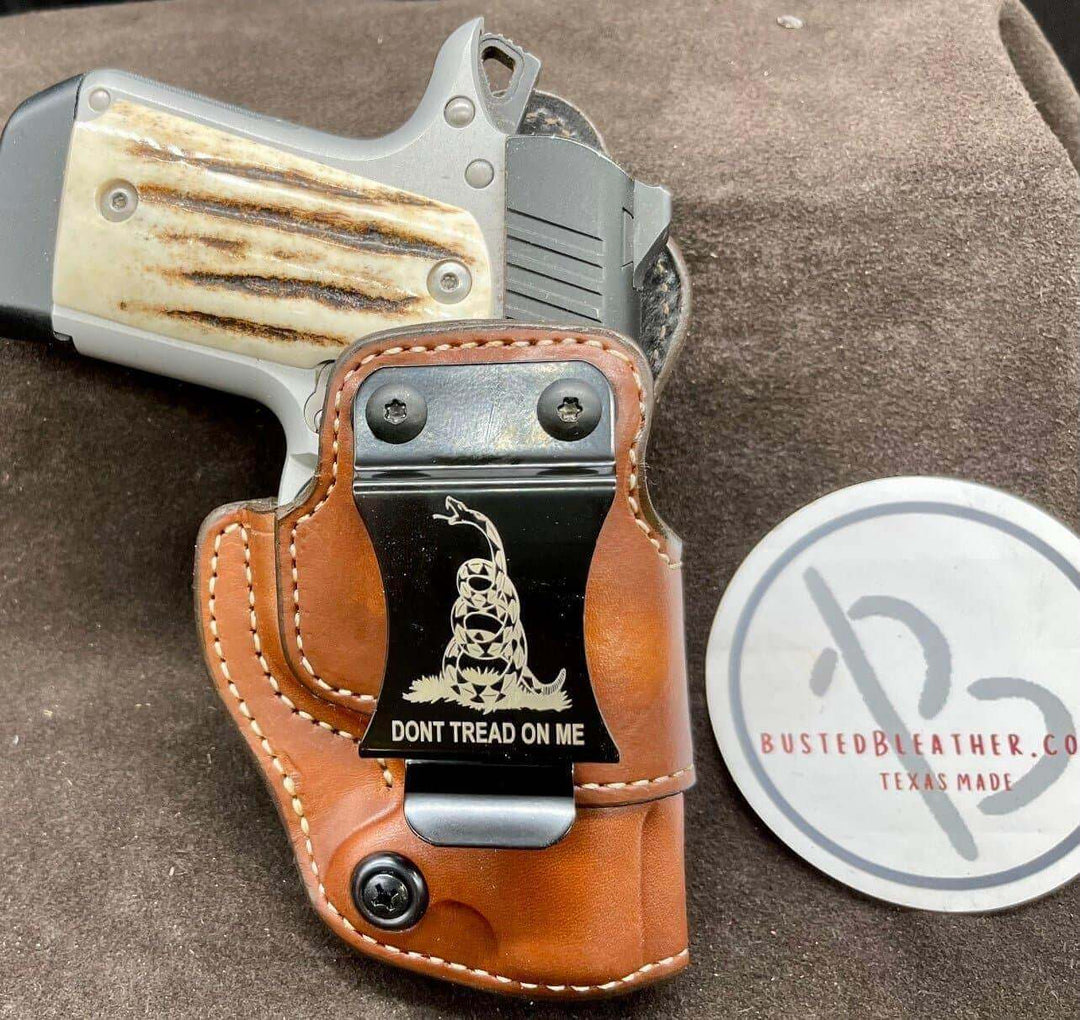 *In Stock* RH IWB for Kimber Micro 9 in Saddle Oil Finish w/Metal Belt Clip "Don't Tread on Me" or "2A 1776"-Busted B Leather
