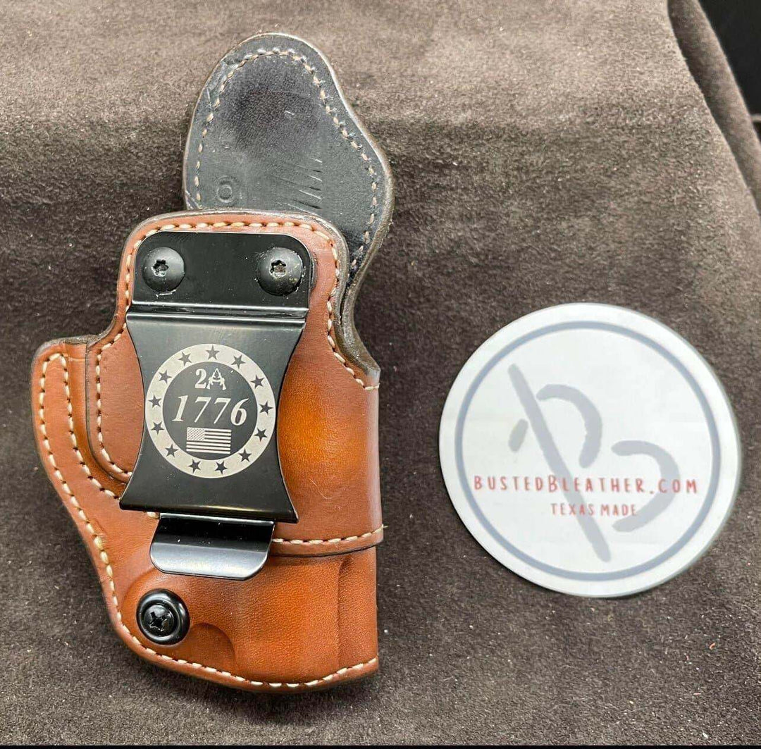 *In Stock* RH IWB for Kimber Micro 9 in Saddle Oil Finish w/Metal Belt Clip "Don't Tread on Me" or "2A 1776"-Busted B Leather
