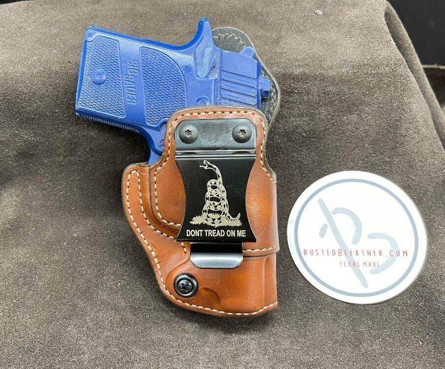 *In Stock* RH IWB for Sig Sauer P938 in Saddle Oil Finish w/Metal Belt Clip "Don't Tread on Me" or "2A 1776"-Busted B Leather