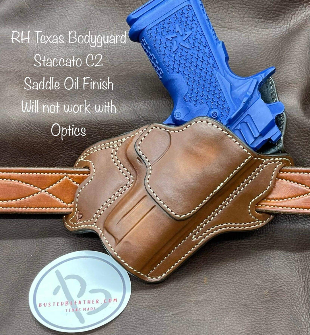*In Stock* RH Texas Bodyguard Holster for Staccato C2 3.9 Saddle Oil Finish-Busted B Leather