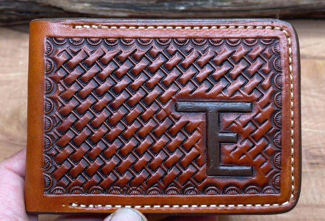 *Made to Order* Leather Wallet Hand Basket-Weave with Ranch Brand or Initials-Busted B Leather