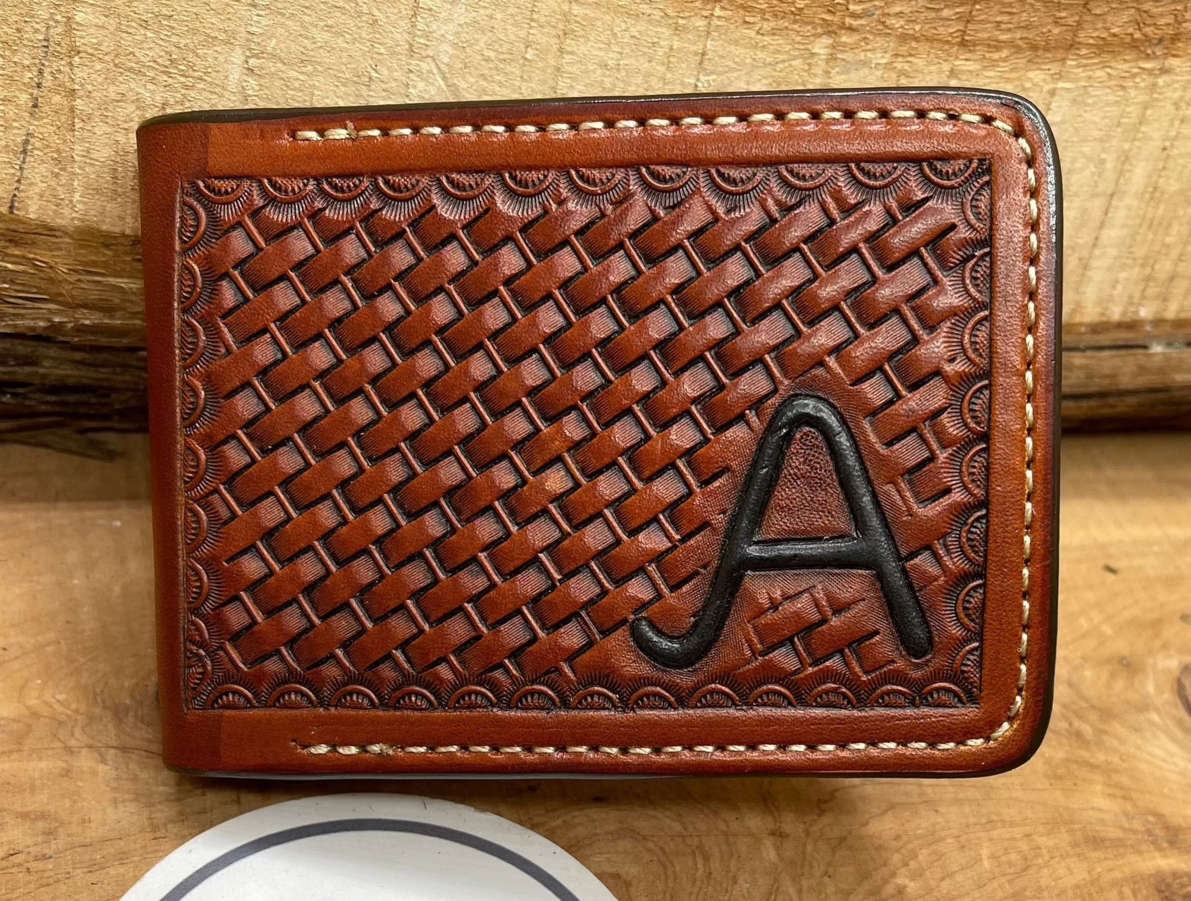 *Made to Order* Leather Wallet Hand Basket-Weave with Ranch Brand or Initials-Busted B Leather