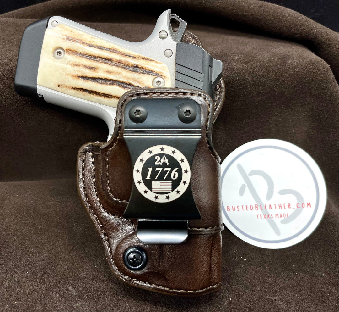 *Made to Order* LH/RH IWB for Kimber Micro 9 w/Metal Belt Clip "Don't Tread on Me or 2A 1776"-Busted B Leather