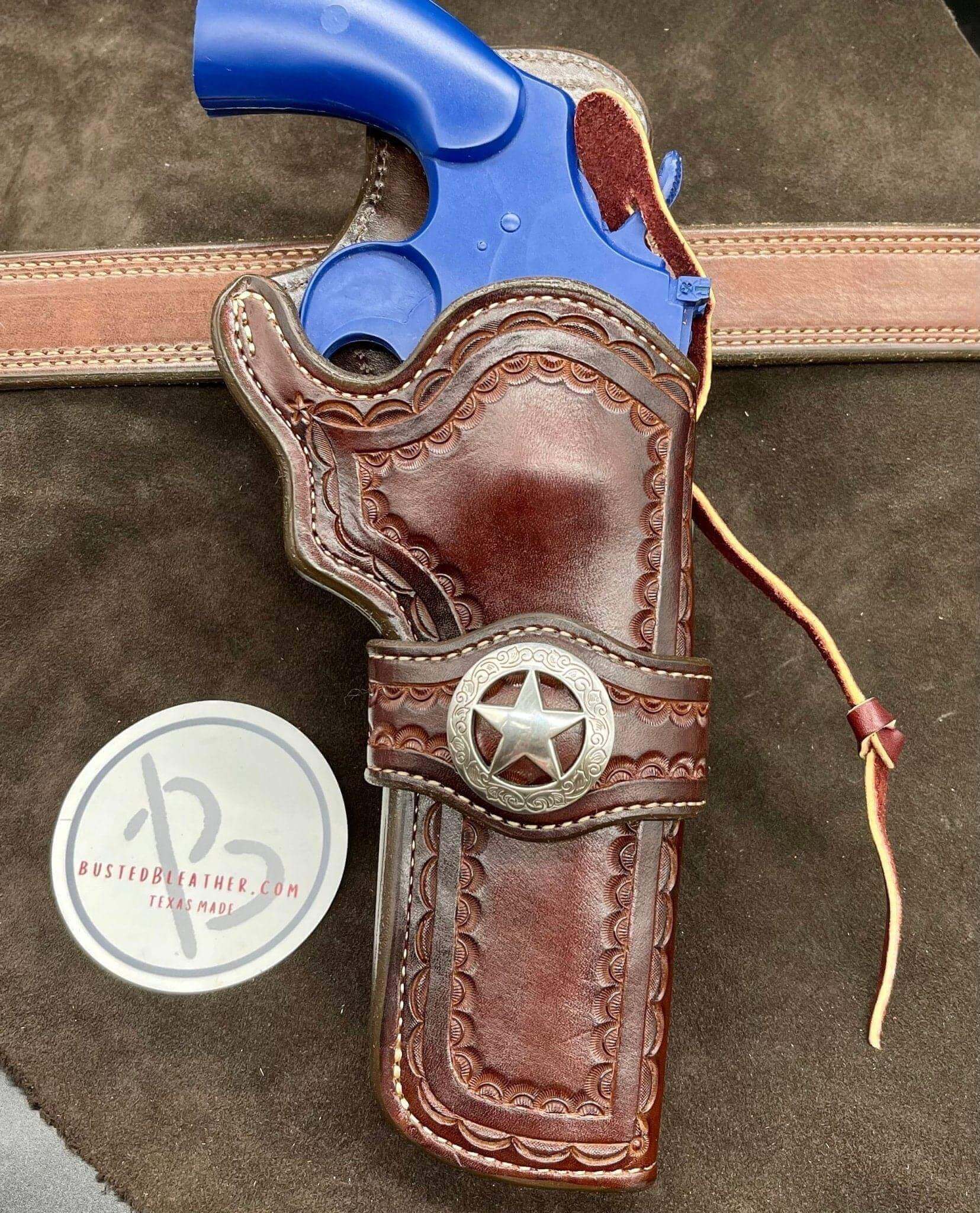 *Made to Order* LH/RH Paddle Rancher Cowboy Holster for Double Action Revolvers Old West Tooled Border/Texas Star Concho-Busted B Leather