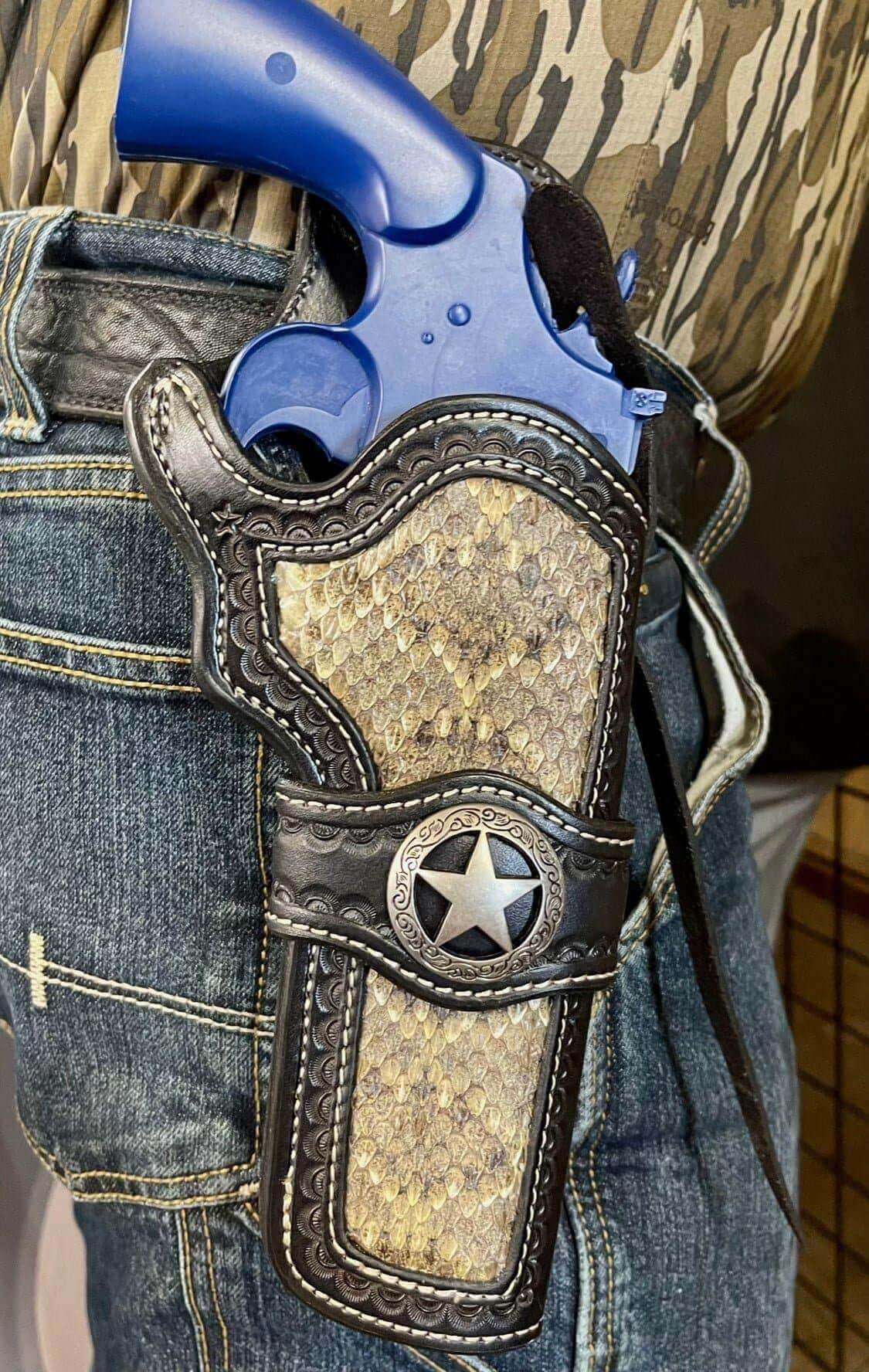 *Made to Order* LH/RH Paddle Rancher Cowboy Holster for Double Action Revolvers w/ Rattlesnake or Python Inlay & Texas Star Concho-Busted B Leather