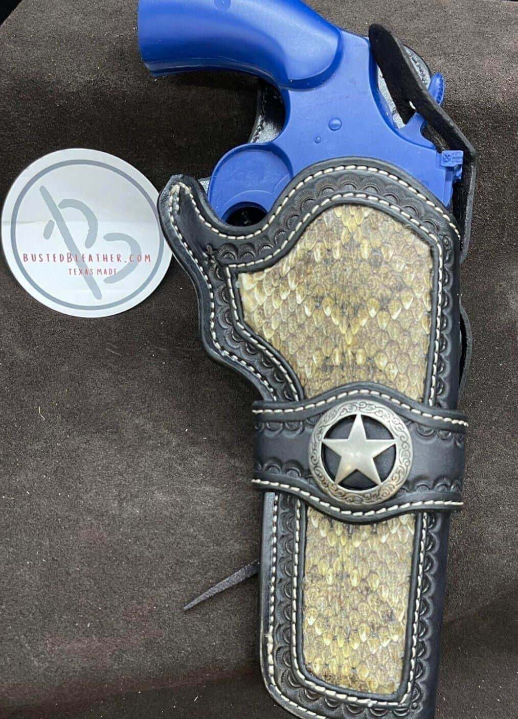 *Made to Order* LH/RH Paddle Rancher Cowboy Holster for Double Action Revolvers w/ Rattlesnake or Python Inlay & Texas Star Concho-Busted B Leather