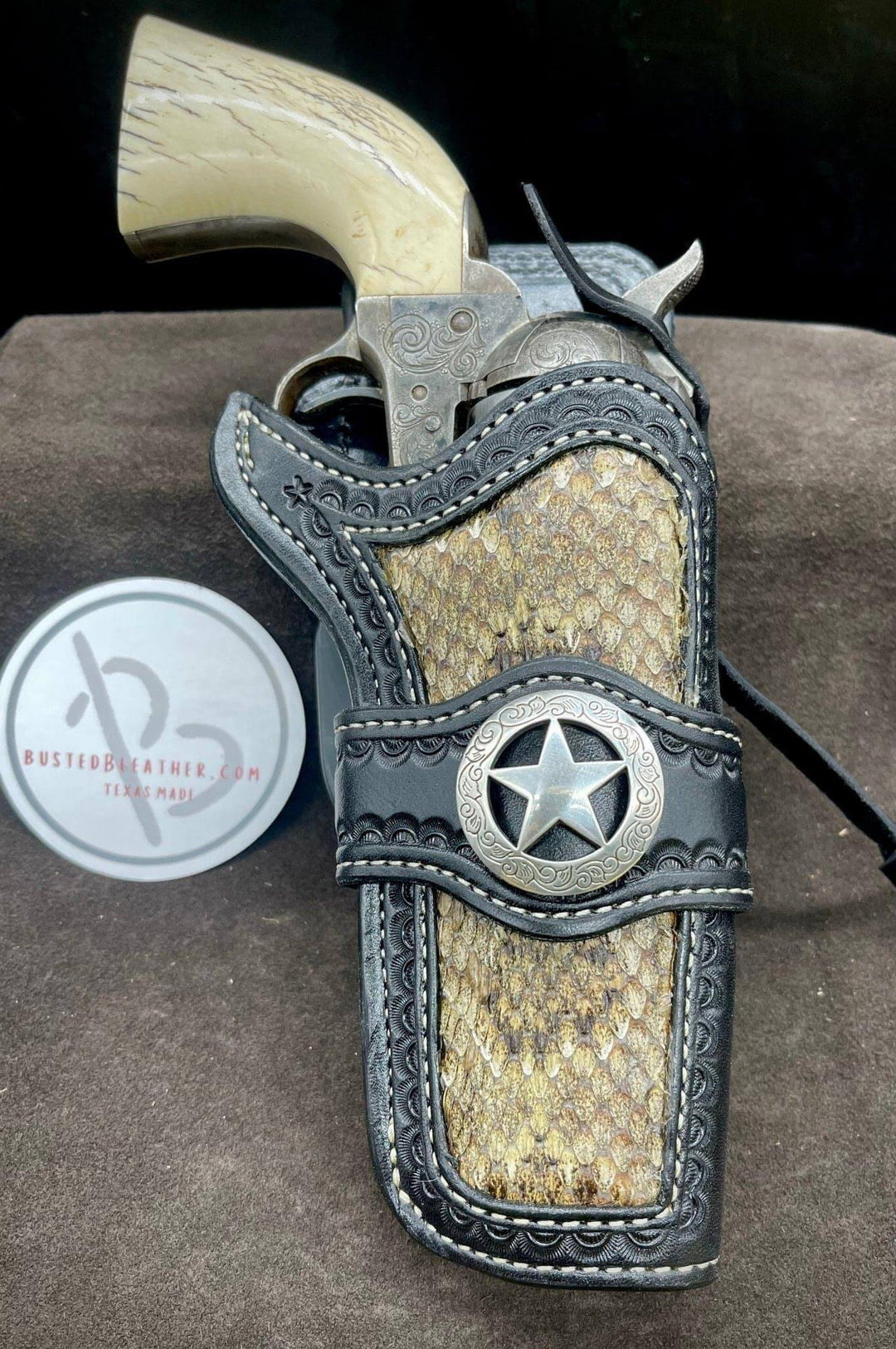 *Made to Order* LH/RH Paddle Rancher Cowboy Holster Single Action Revolver Rattlesnake Inlay-Busted B Leather