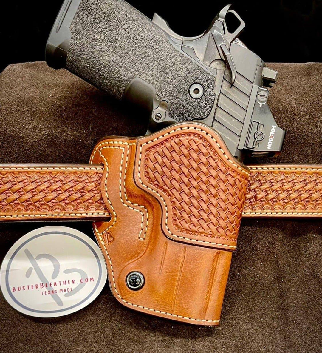 *Made to Order* LH/RH Raptor Holster for Red Dot Optics with Basket-Weave Made for Your Gun-Busted B Leather