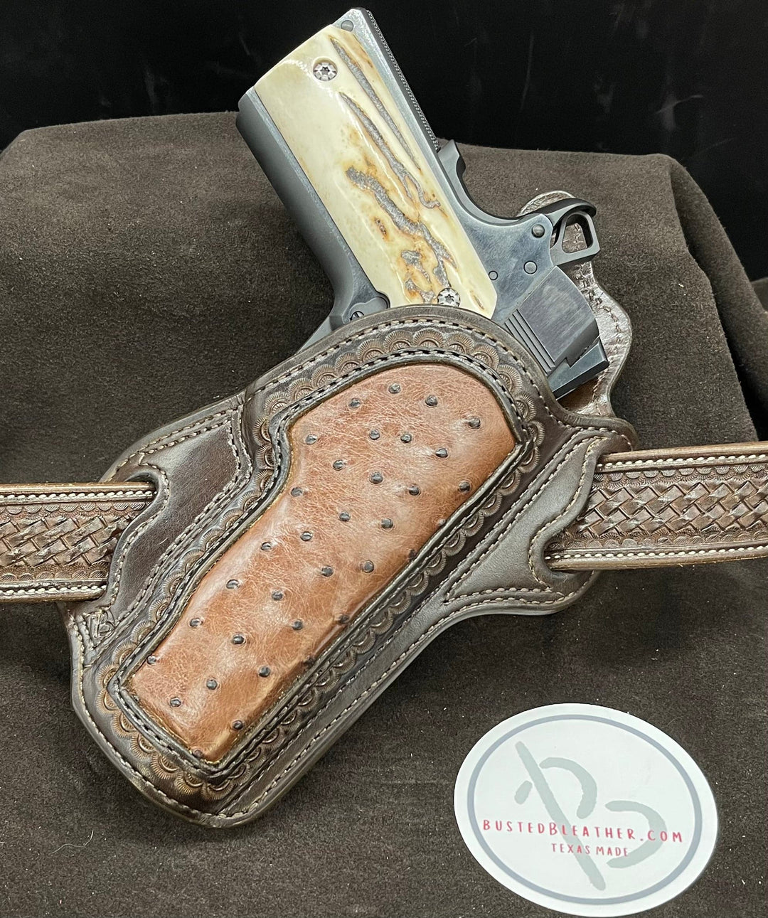 *Made to Order* LH/RH Texas Bodyguard Holster w/Genuine Ostrich Inlay Chocolate-Busted B Leather