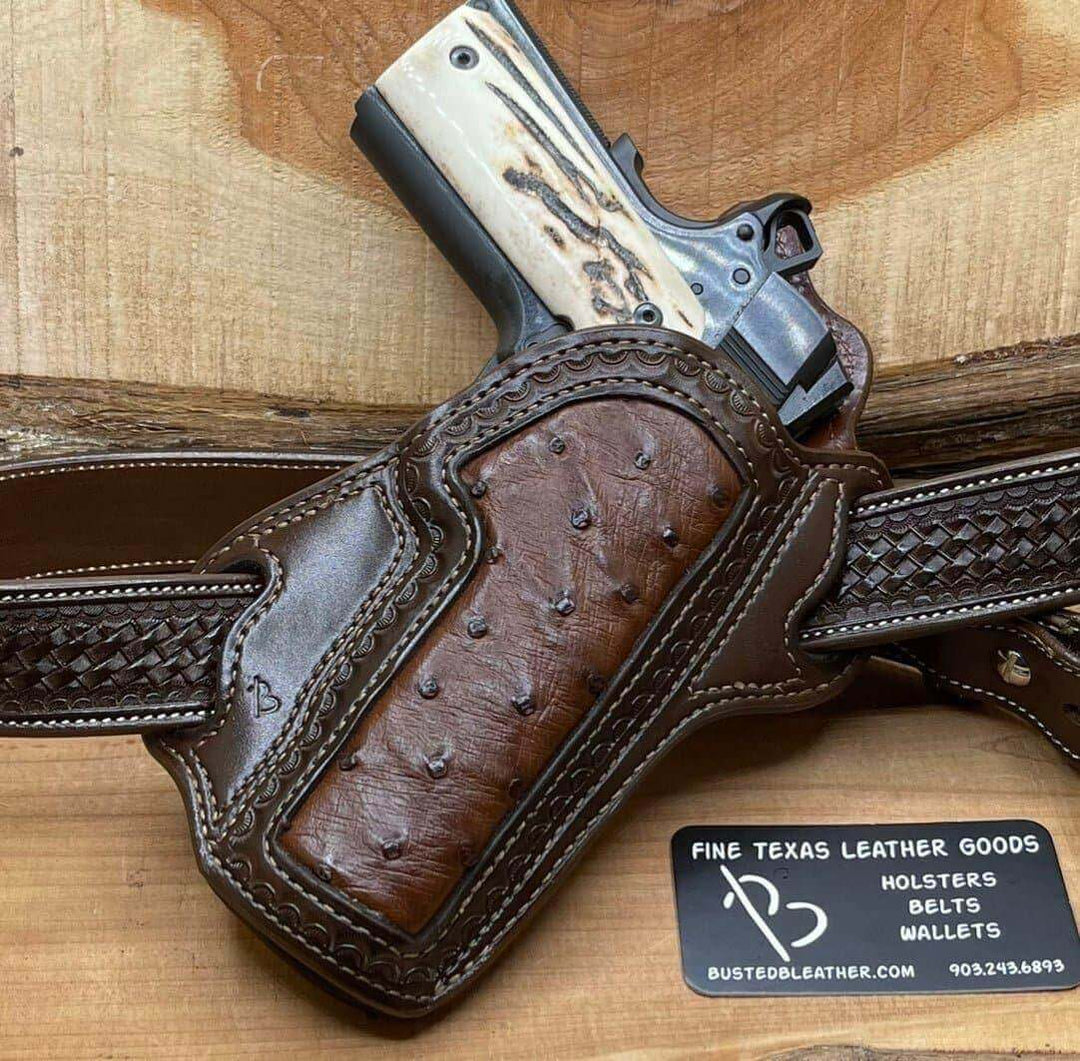 *Made to Order* LH/RH Texas Bodyguard Holster w/Genuine Ostrich Inlay Chocolate-Busted B Leather