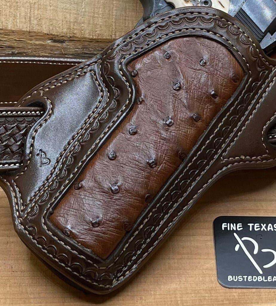 *Made to Order* LH/RH Texas Bodyguard Holster w/Genuine Ostrich Inlay Chocolate-Busted B Leather